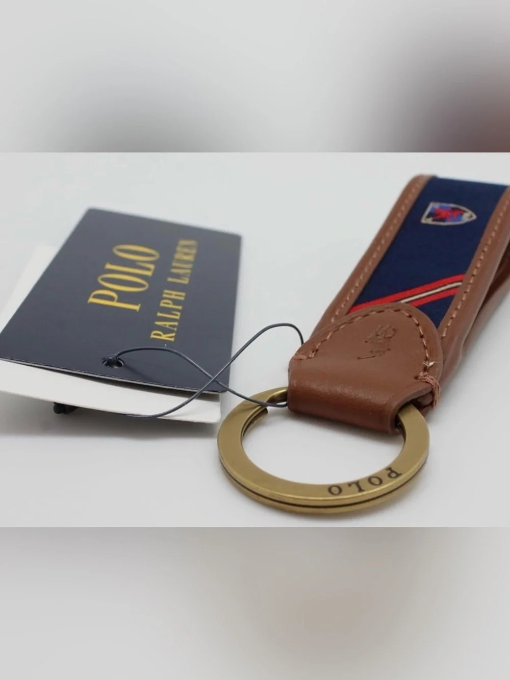 NEW Polo Ralph Lauren Leather & Navy Blue Silk CREST Key Ring Keychain - TAN
